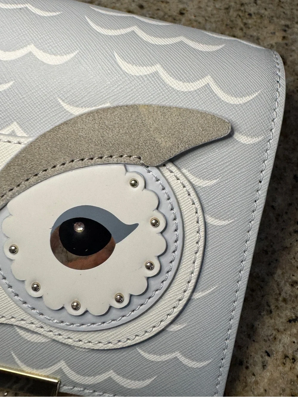 Kate Spade Make It Mine Flap Gray Blue Owl Leather silver embellished